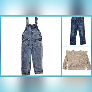 Girls 3 Piece Bundle Deal Cat & Jack Jeans Long sleeve Leopard Top Overalls